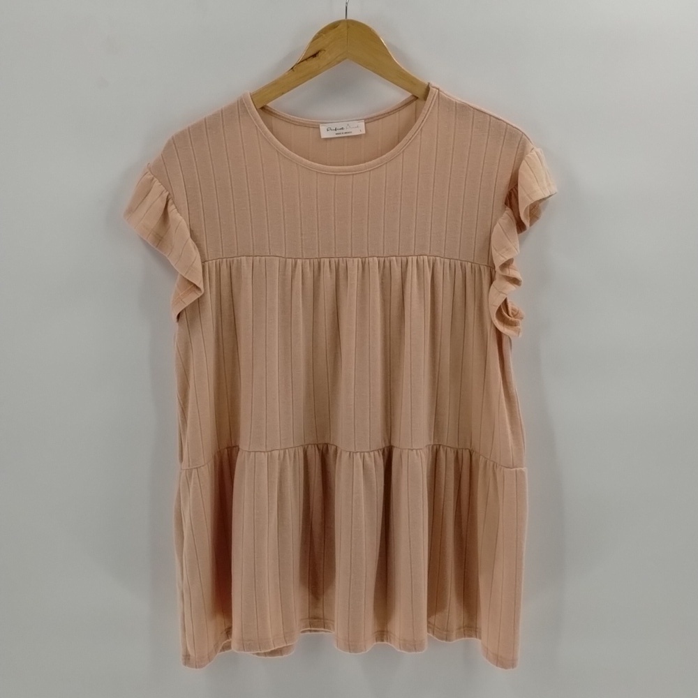 Perfect Peach blouse top peach color size large tiered ribbed stretch ruffled